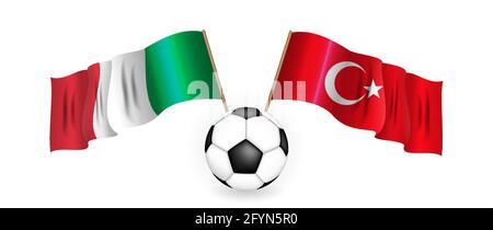 Soccer ball against the background of two crossed flags of Turkey and Italy. Football game concept. Vector Illustration Stock Vector
