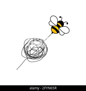 Bee with chaotic line. Animal happy character. Vector illustration. Bee flying on route isolated Stock Vector