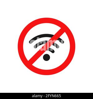 No wifi icon. Red ban circle sign. Prohibition wireless network pictogram. No internet concept. Wireless technology symbol. Stock Vector