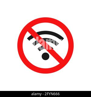 No wifi icon. Red ban circle sign. Prohibition wireless network pictogram. No internet concept. Wireless technology symbol. Stock Vector