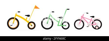 Set of kids bikes. Different bicycles colorful collection. Various multicolor child bikes group Stock Vector