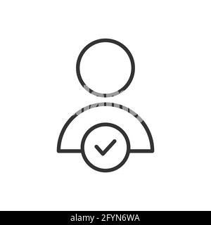 People tick line icon. Person with checkmark outline pictogram. User symbol. Customer linear sign. Stock Vector