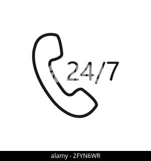 Call icon. Phone 24 hours and 7 days service. Black contour of handset old symbol. Vector isolated on white background. Stock Vector