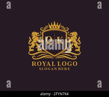 QK Letter Lion Royal Luxury Logo template in vector art for Restaurant, Royalty, Boutique, Cafe, Hotel, Heraldic, Jewelry, Fashion and other vector il Stock Vector