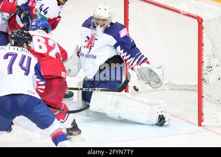 Riga, Olympic Sports Centre, Latvia. 29th May, 2021. Czech Republic vs Great Britain (2021 IIHF Ice Hockey World Championship), goalkeeper Jackson Whistle (Great Britain) has some work (Switzerland/Croatia OUT) Credit: SPP Sport Press Photo. /Alamy Live News Stock Photo