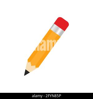 Yellow pencil flat icon. Pencil write with a red rubber band. Education equipment. Stock Vector