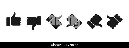 Thumbs up and thumbs down icon set. Like and dislike black silhouette sign collection. Disagree with agree outline symbol group. Arm gesture. Stock Vector