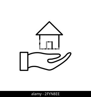 Home line icon. Hand and house symbol. Home care outline sign. Real estate save concept. Vector isolated on white Stock Vector