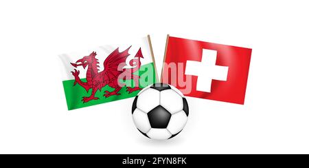 Soccer ball against the background of two crossed flags of Switzerland and Wales. Football game concept. Vector Illustration Stock Vector