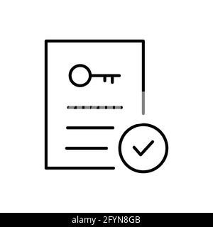 Document with key outline icon. Accept property line documents. Realtor rent document. Real estate contract information Stock Vector