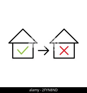 House with check mark Yes and No icon. Mortgage linear sign. Approval and rejection apartment symbol. Stock Vector
