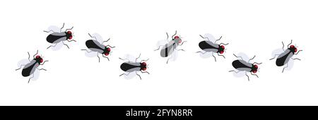 Fly insect icon set. Small flies line way. Vector isolated on white background. Stock Vector