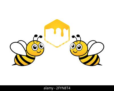 Cute bees with honeycomb. Bee character with sweet food. Vector illustration isolated on white Stock Vector