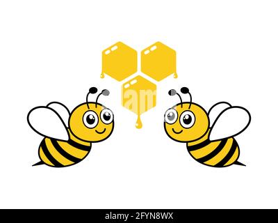 Cute bees with honeycomb. Bee character with sweet food. Vector illustration isolated on white Stock Vector