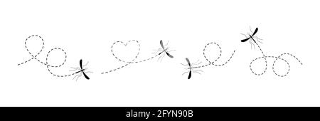 Mosquito icon set. Mosquitoes flying on a dotted route. Vector illustration isolated on white background Stock Vector