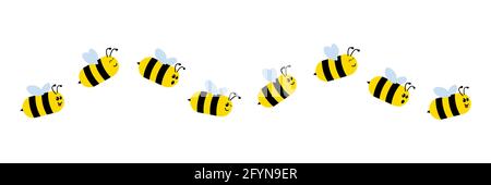 Cute bee character with emotions. Line of flying cute bees. Vector illustration isolated on white Stock Vector