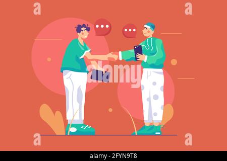 Adult people shaking hands on street Stock Vector