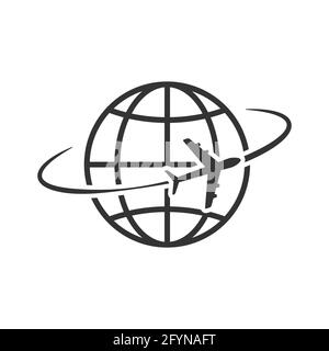 Airplane flying around world. Aircraft world concept. Travel symbol. Vector illustration isolated on white Stock Vector