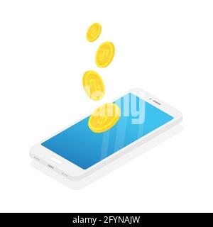 Phone with money. Coins transfer concept. Flat isometric illustration. Exchange electronic money. Stock Vector