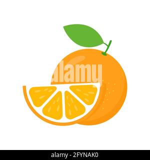 Orange vector fruit. Fresh orange icon. Fruit citrus with slices. Isolated on white. Stock Vector