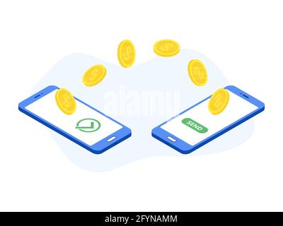Phone with money. Coins transfer concept. Flat isometric illustration. Exchange electronic money. Stock Vector