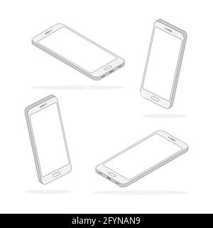 Isometric line smartphone set. 3d mobile phone with empty screen collection Stock Vector