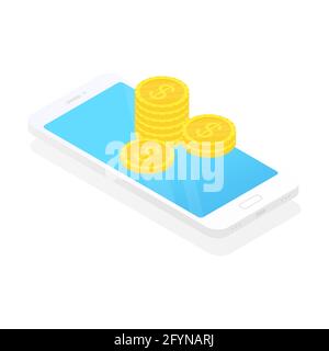 Phone with money. Coins transfer concept. Flat isometric illustration. Exchange electronic money. Stock Vector