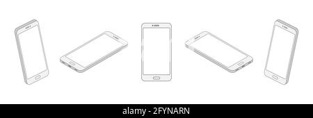 Isometric line smartphone set. 3d mobile phone with empty screen collection Stock Vector