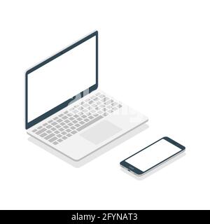 Laptop and smartphone in isometric style. Portable 3d devices. Digital technology concept Stock Vector