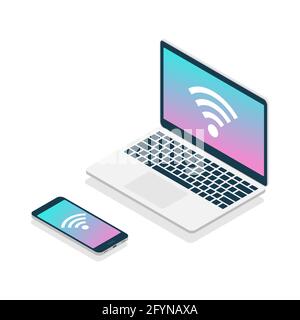Laptop and smartphone in isometric style. Portable 3d devices with Wi-Fi sign. Stock Vector