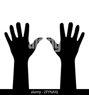 Two hands close-up. Black silhouettes isolated. Right and left human hands with palms raised up. Hand fragments from wrist to fingertips. Human body Stock Vector