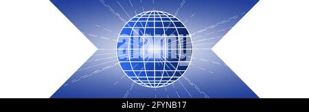 Horizontal blue and white banner. Globe icon isolated on blue background. White meridians and parallels. Rays radiate out from globe center. Vector Stock Vector