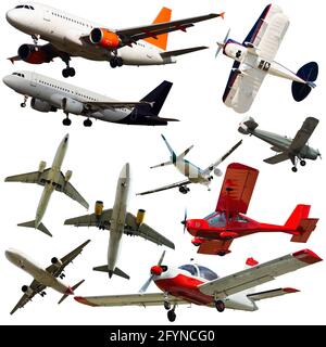 Different airplanes flying, collection isolated on white background Stock Photo