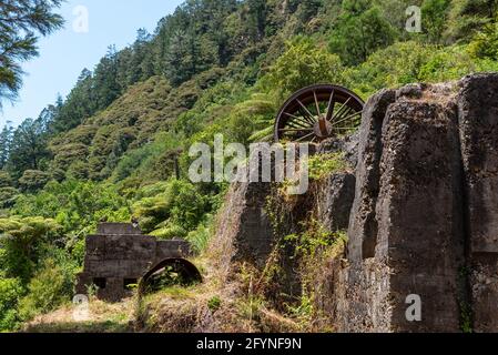 Remains of an old stamping battery in Karangahake of the past gold rush time, Coromandel peninsula, New Zealand Stock Photo