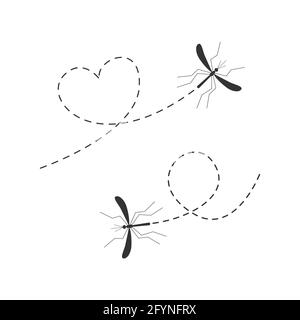 Mosquito icon set. Mosquitoes flying on a dotted route. Vector illustration isolated on white background Stock Vector