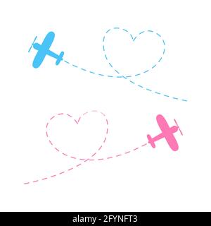 Airplane route vector illustration. Blue and pink flying planes icon set. Heart dashed lines path with dash trace. Isolated on white background. Stock Vector