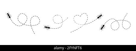 Cute ant set walking on a dotted line route. Line of working ants. Vector illustration isolated on white Stock Vector