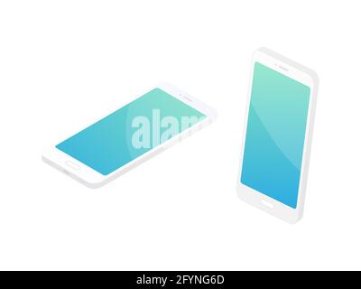 Isometric smartphone set. Digital technology concept. 3d mobile phones with empty blue screen. Stock Vector
