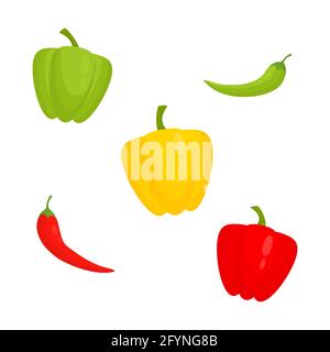 Peppers set icon. Red, yellow and green pepper fresh vegetables. Paprika chili vegetable. Stock Vector