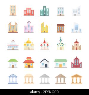 Building icon large set. Houses, churches, museums and universities. Modern buildings and estate symbol colorful collection. Stock Vector