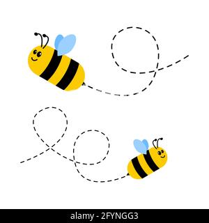 Cute bees with dotted line route set. Vector illustration isolated on white Stock Vector