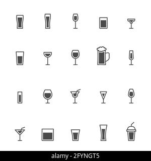 Glass icons set. Drinks black outline group. Glassware linear collection Stock Vector