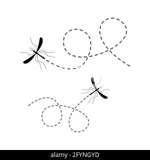 Mosquito icon set. Mosquitoes flying on a dotted route. Vector illustration isolated on white background Stock Vector