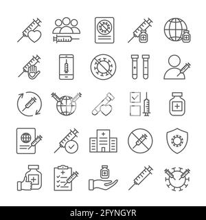 Vaccination outline symbols collection. Coronavirus protection line set icons. Stop virus concept isolated on white Stock Vector