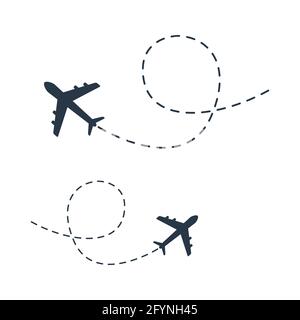 Airplane line path icon set. Vector illustration of air plane flight route with line trace. Travel concept. Isolated Stock Vector