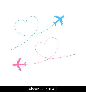Airplane line path icon set. Vector illustration of air plane flight route with line trace. Travel concept. Isolated Stock Vector