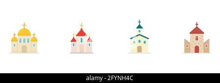 Church flat icon set. Church colorful symbol. Holy place silhouette buildings collection. Vector isolated on white. Stock Vector