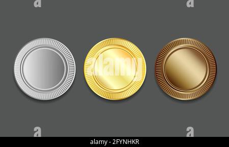 Empty Blank Set vector templates for winner awards medals, coin, price tags, sports, sewing buttons, buttons, icons or medals with gold silvver and br Stock Vector
