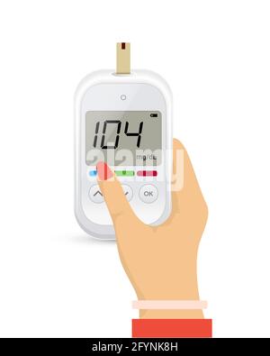 Glucose sugar test in hand icon. Glucometer vector blood monitor. Diabetes sugar meter insulin control device Stock Vector
