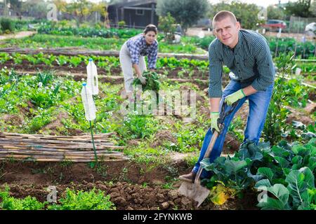 Adult european man gardener holding shovel in garden against background of working people Stock Photo